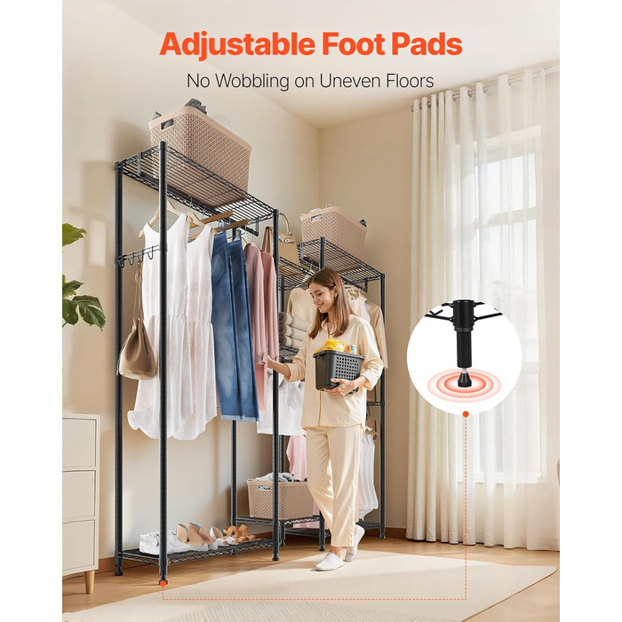 Стійка для одягу VEVOR з 4 перекладинами, 7 полицями та 8 гачками – міцна конструкція (385,5 кг) для спальні, магазину одягу, прихожої