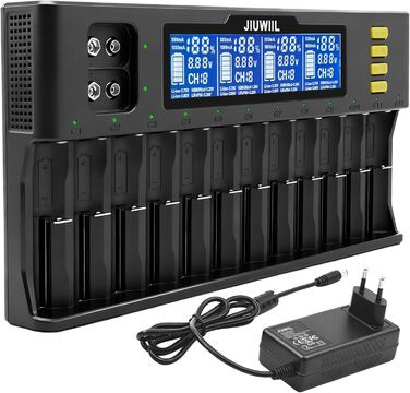 Зарядний пристрій для акумуляторів 18650 JIUWIIL з LCD-дисплеєм, універсальний, 12+2 слоти, для Li-Ion, LiFePO4, 26650, 17500, 16340, 18650, 14500, 10440 та 9V акумуляторів