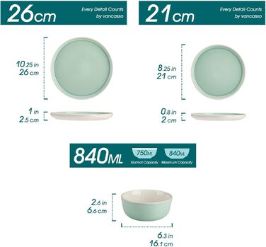 Набір посуду Steingut 18 предметів vancasso ELBA для 6 осіб, сучасний посуд у бірюзовому кольорі (6 тарілок, 6 мисок, 6 десертних тарілок)