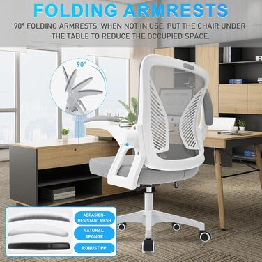 Офісний стіл з регульованими підлокітниками, ергономічний стілець з сітчастою спинкою, підтримка попереку, регульована висота, м'яке сидіння, обертовий на 360°, сірий