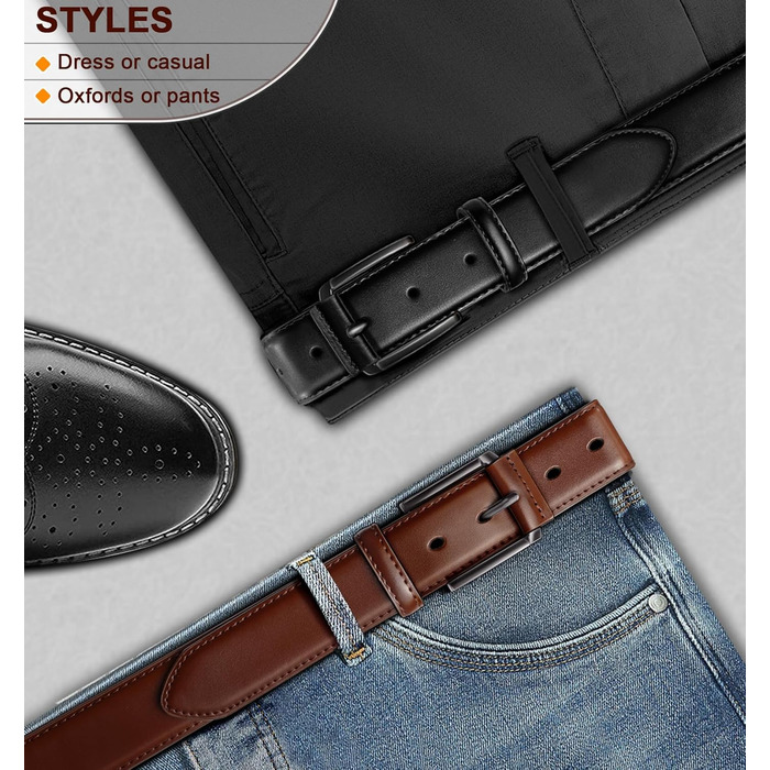 Чоловічий ремінь KEMISANT 2 шт. – шкіряний ремінь для чоловіків, повсякденний, для гольфу, до джинсів, 3,5 см, 2 шт. в упаковці, чорний/кавовий, розмір 63-110 см