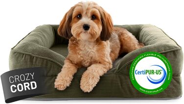 Ортопедичне собаче ліжко Lumaland з корду | Собаче ліжко-софа 70x60 см - для маленьких собак | Зі стійким дном | Знімний та пральний чохол | Собаче ліжко-корзинка з Memory Foam Cord - Оливковий 70 x 60 см - Розмір S