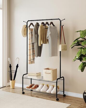 Clothes Rack with 2-Tier Shelf, 3-in-1 Design, Clothes Stand with 4 Wheels, Coat Rack with 4 Hooks for Bags, GR07499A (Black)