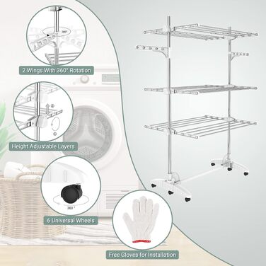 Сушарка для білизни Todeco вертикальна розкладна, 3 яруси, мобільна сушарка-вежа на коліщатках для балкона та ванної кімнати (Білий)