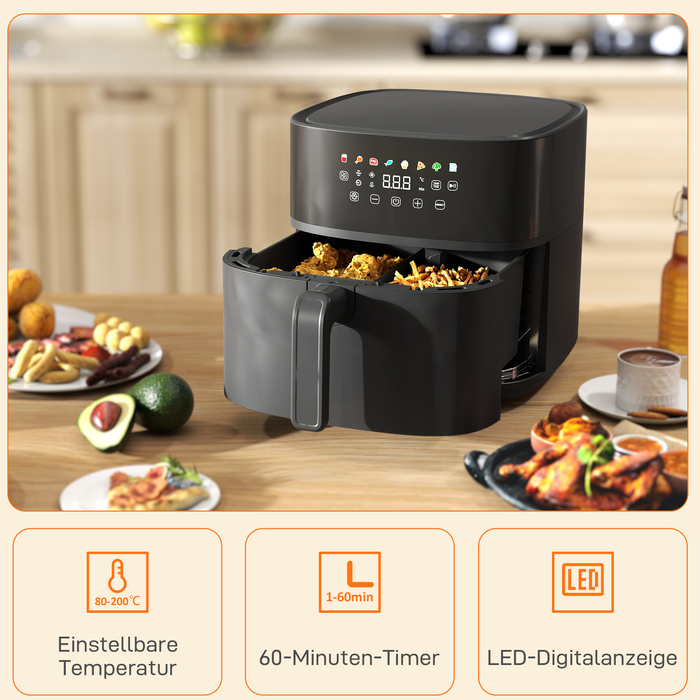 Фритюрниця HOMCOM з гарячим повітрям на 8 літрів (Airfryer) з 8 попередніми налаштуваннями, таймером на 60 хвилин, технологією 360° циркуляції гарячого повітря, потужністю 1700 Вт, без використання олії, з захистом від перегріву, LED-сенсорною панеллю упр