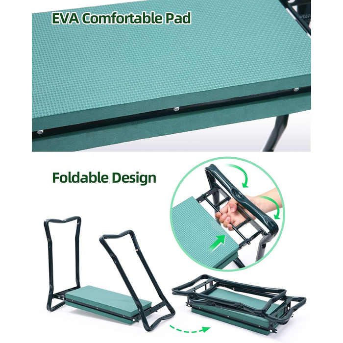 Ohuhu Kneeling Pad for Gardening, Knee Cushion, Folding Garden Stool up to 150 kg, 2-in-1 EVA Foam Cushion Garden Stool with 2 Tool Pockets, Knee Support for Gardening, Garden Bench 60x50x27 cm Green