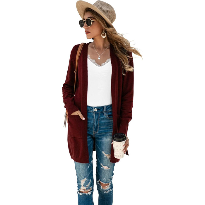 Кардиган жіночий Saodiallsu з довгими рукавами, легкий, однотонний, з кишенею (Вишневий, L)