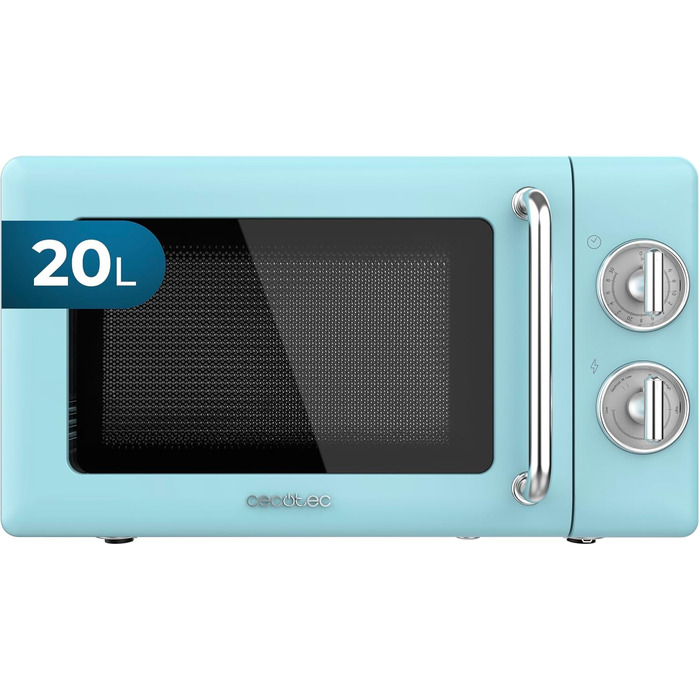 Мікрохвильова піч Cecotec Proclean 3010 Retro Blue, 20л, 700Вт, механічна, з таймером, розморожування, синій колір, нержавіюча сталь, внутрішнє освітлення, ретро-дизайн
