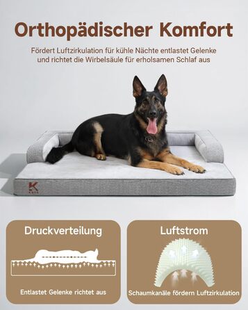 Ортопедичне ліжко для собак великих порід, корзина для собак знімний, що миється чохол, диван для собак водонепроникний з бортиком, антиковзаюча підкладка, 88x55x15 см (Сірий)