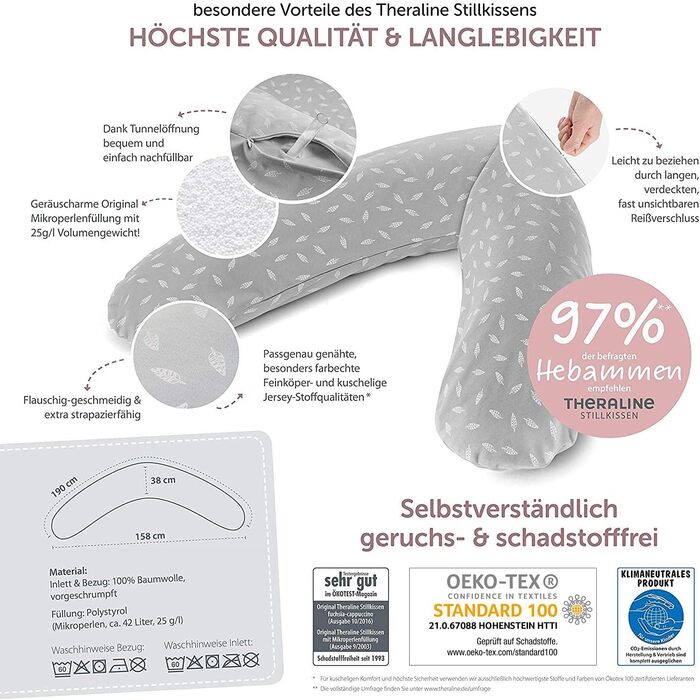 Theraline Original Nursing Pillow & Pregnancy Pillow - 190cm including 100% cotton cover - Filling with quiet micro beads - Positioning pillow, tested for harmful substances - Leaves Grey White