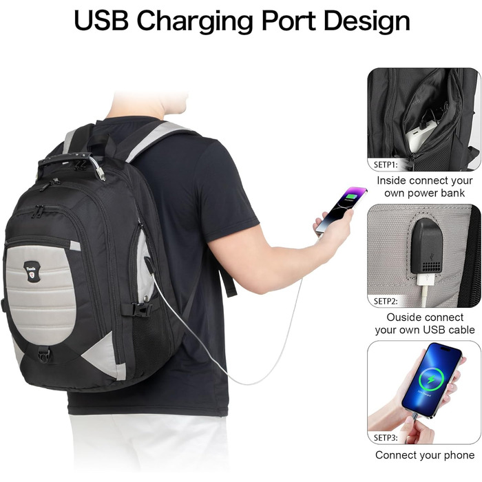 Рюкзак Tzowla для ноутбука 17.3 дюймів, водонепроникний, з USB-зарядкою та TSA-замком (сірий)