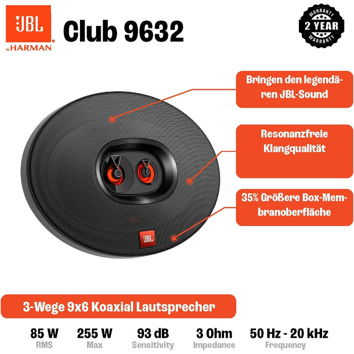 JBL Club 9632 – трьохсмугові автомобільні динаміки Harman Kardon, 255 Вт, овальні 6x9”, чорні, комплект акустики для авто