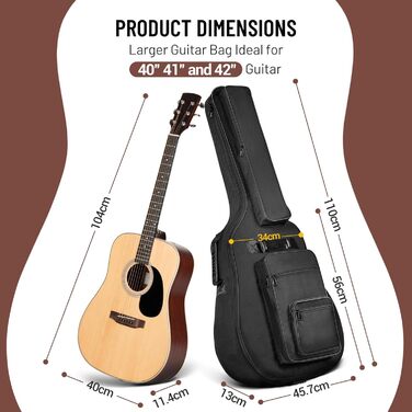 Чохол для гітари Gig Bag Cahaya: водонепроникний, з кишенями для аксесуарів та підставка для нот, 40/41 дюйм