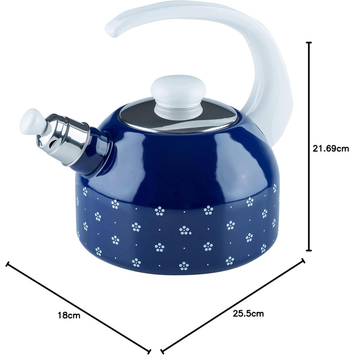 Riess, 0543-073, Whistling Kettle Plus, COUNTRY - DIRNDL, Diameter 18 cm, Height 21.7 cm, Capacity 2 liters, Enamel, Triple-enameled, blue/white, Induction 2 liters Floral Blue