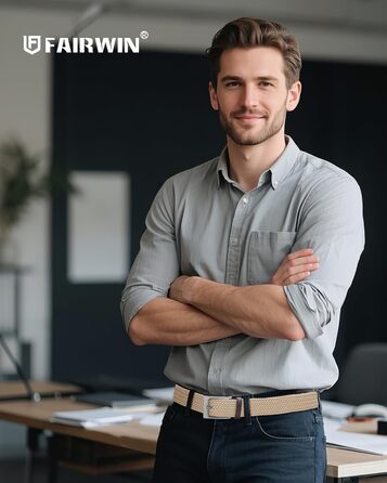 Чоловічий тканинний ремінь Fairwin, бежевий, еластичний, плетіння, розмір M (довжина 105 см, для обхвату талії 80–90 см)