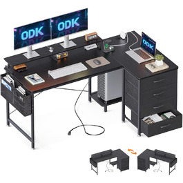 Кутовий письмовий стіл ODK L-подібний чорний, 140x80x84,7 см, 4 шухляди, 2 USB-порти, 2 розетки, для домашнього офісу