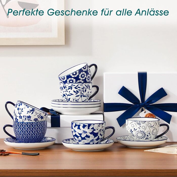 Набір кавових чашок капучіно Vancasso Selene 6 шт., 240 мл, блакитно-білий вінтажний дизайн, високоякісне фарфорове покриття, придатні для миття в посудомийній машині та використання в мікрохвильовій печі