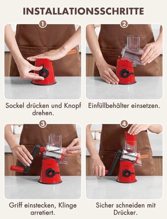 Тертка для сиру GDL з ручкою, оновлена терка для овочів з 5 дисками, терка-нарізач для овочів, зручна та швидка, терка для сиру, морозива, горіхів, огірків, моркви (червона)