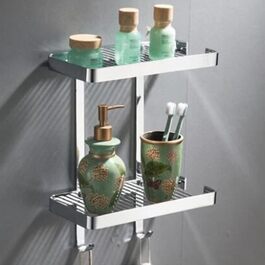 Wall-Mounted Shower Caddy, Bathroom Shelf, Organizer with Soap Dish and Hooks, Rustproof Brass, Storage Shelf for Shampoo and Spice Bottles, Drip Basket, Kitchen Shelves, Black (Double Chrome)