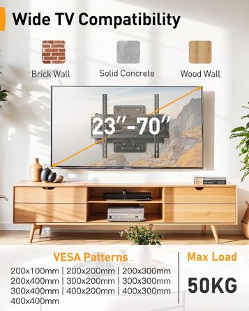 Кріплення для телевізора Perlegear: регульована висота, нахил, поворот, VESA 400x400, до 70 дюймів, 50 кг