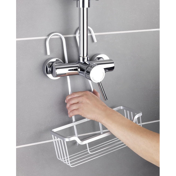 WENKO Thermostat-Dusch-Caddy Milo, Shower Caddy for Hanging on the Faucet, Shelf Made of Aluminum (Rust-Proof), 25 x 36 x 14 cm