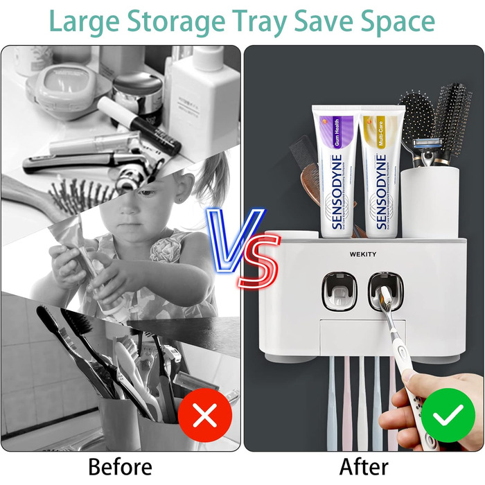 Тримач для зубних щіток WEKITY з дозатором пасти, настінний, сірий, для дітей та дорослих. Набір: 2 дозатори, 5 слотів для щіток, 4 чашки