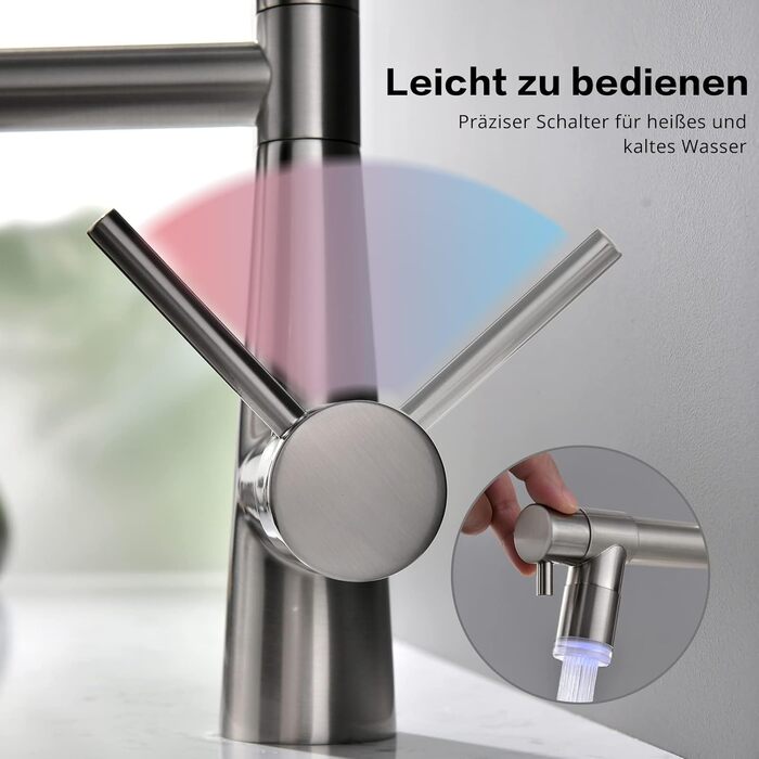 LED кухонний змішувач з спіральною пружиною, поворотний на 360°, з двома виливами, висувний, для кухні, з душем, високий тиск, з матовим нікелем