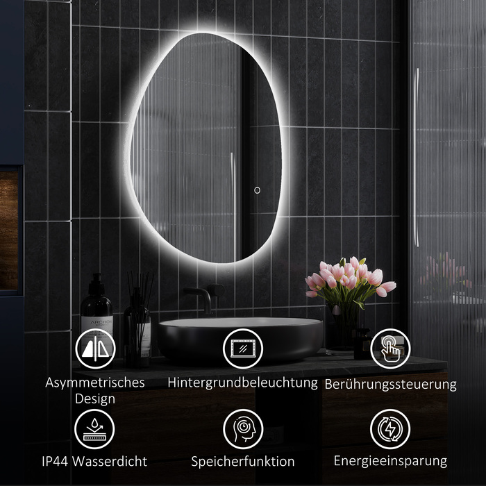 Дзеркало для ванної кімнати HOMCOM 70 x 50 см з асиметричною формою, LED-підсвіткою, сенсорним перемикачем та функцією запобігання запотіванню, срібного кольору