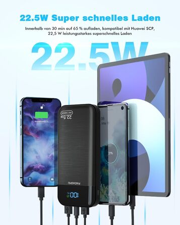Портативний зарядний акумулятор Power Bank 27000mAh 22.5W з LCD дисплеєм, 1 USB-C, 2 USB-A для смартфонів, планшетів, подорожей та кемпінгу