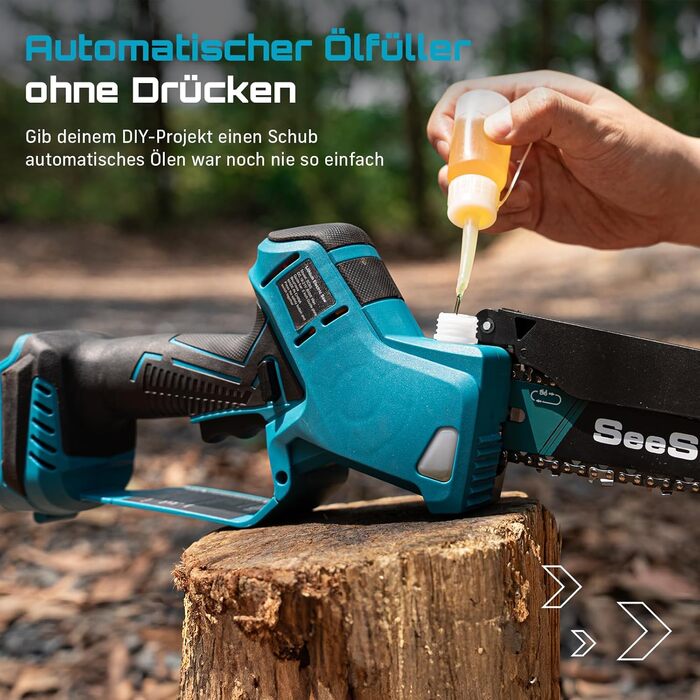 SEESII Безщіткова міні-бензопила 6 дюймів, акумуляторна ручна пила з 2 * 4000 mAh акумуляторами, одноручна пила з автоматичним змащуванням, сумісна з акумулятором Makita 18V, електрична пила для дерева, гілок 6 дюймів безщіткова