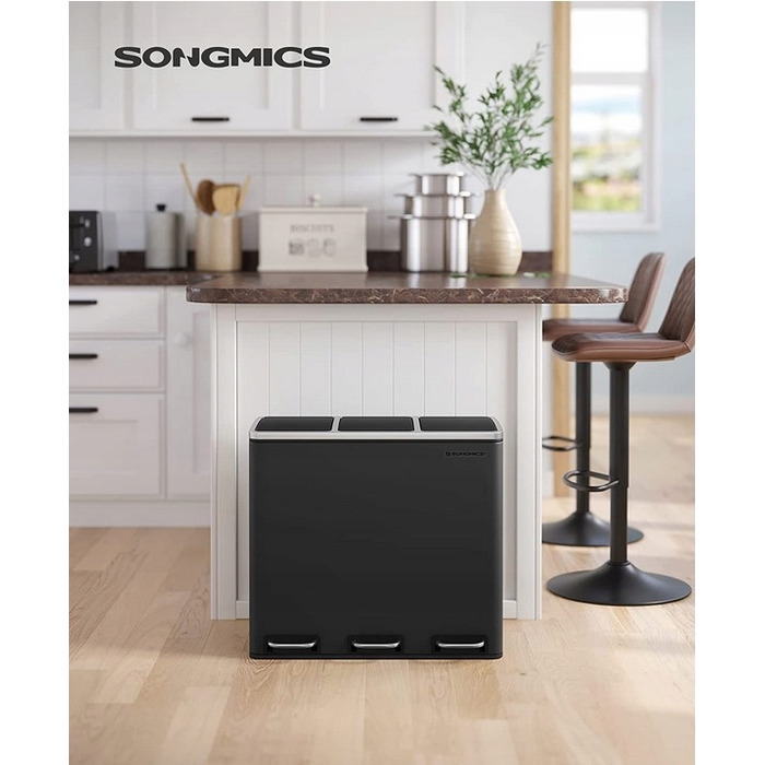 Сміттєвий кошик Songmics на 54 л, матовий чорний, нержавіюча сталь, 3 відсіки