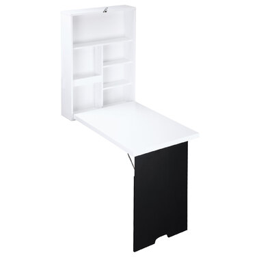 HOMCOM Wall Table Folding Desk with 5 Compartments, White and Black Board, 60x94.5x147cm, Space-Saving for Home Office