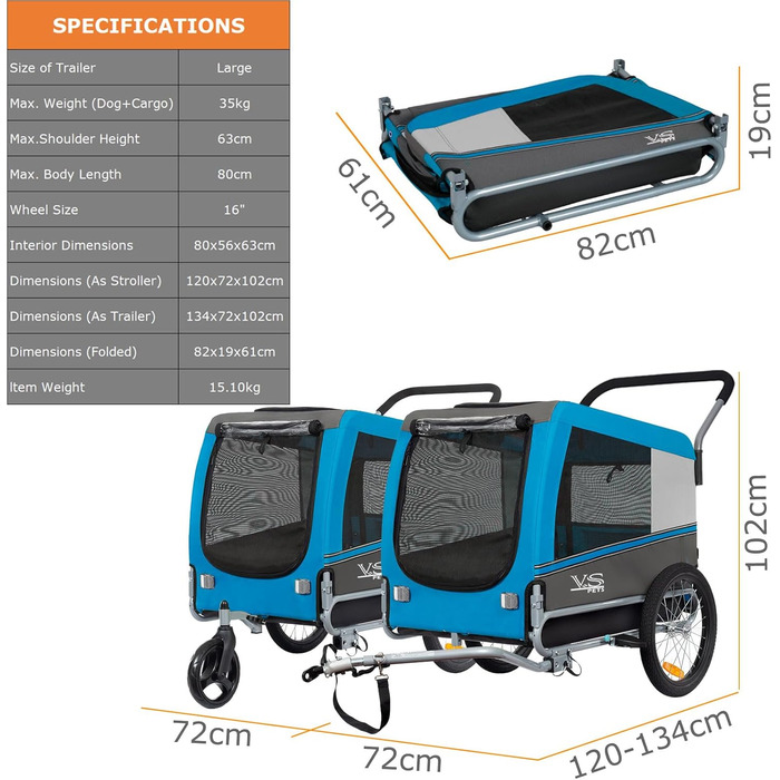 Візок для собак Tiggo VS Pets 2-в-1: візок та велопричіп, блакитний, об'єм 270 л, до 35 кг