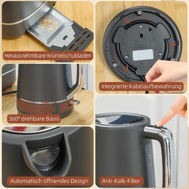 Набір для сніданку HOMCOM: чайник 1.7л та тостер на 2 скибочки (2200 Вт, 6 рівнів підсмажування, з фільтром від накипу та підсвічуванням)