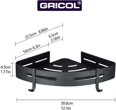Дзеркальна поличка для душу Gricol без свердління, з гачками, чорна | Кухонна та ванна поличка