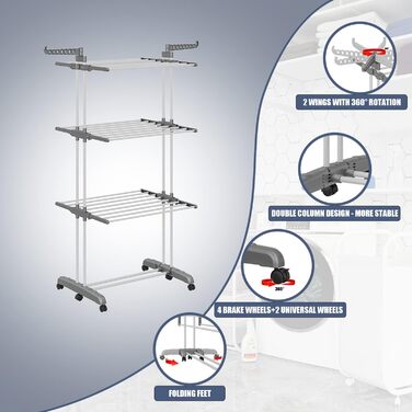 Сушарка для білизни тур-тип на коліщатках, сіра. Розкладна конструкція, 6 крил, 2 бічні крила, для дому та вулиці