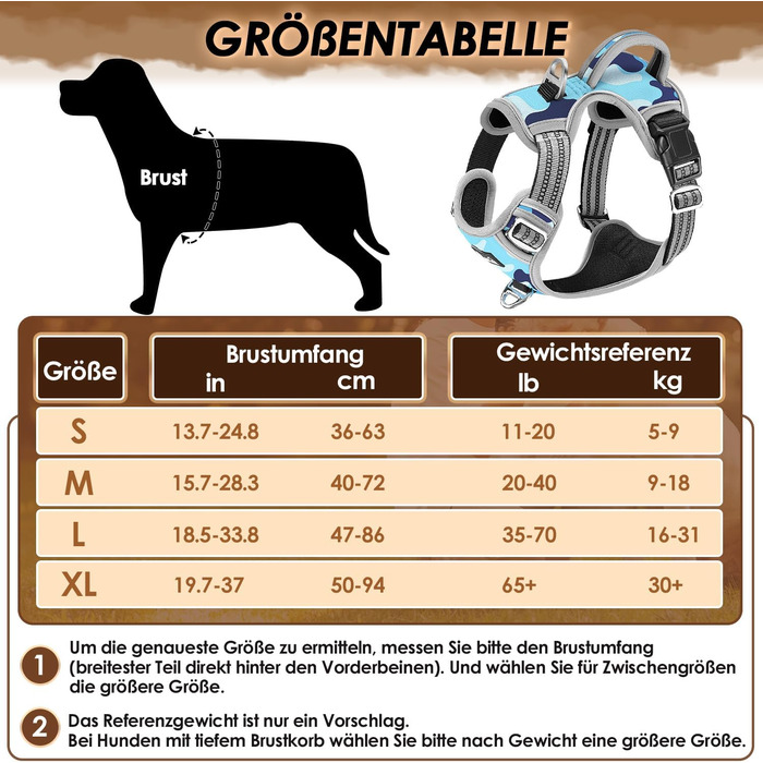Шлейка для собак великих порід, анти-тяга, з 2 карабінами та зручною ручкою, регульована та світловідбиваюча, для щоденних тренувань (L), камуфляжний колір