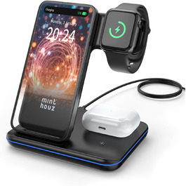 Бездротовий зарядний пристрій Minthouz 3-в-1 з адаптером 18W для Apple (iPhone, iWatch, AirPods), Qi-сумісний, чорний