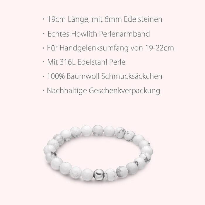 Браслет чоловічий day.berlin Premium з перлів та натурального каменю Howlith, 6мм, нержавіюча сталь 316L, 19см