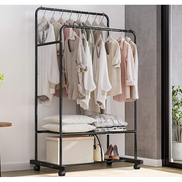 Clothes Rack, Rolling Garment Rack with 2 Clothes Rods, 2 Shelves for Boxes (Black)