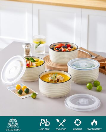 Набір керамічних супових та сервірувальних мисок Vancasso Bonbon з кришкою (4 шт.), бежевий