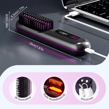 Бездротова щітка-випрямляч для волосся 2-в-1 з функцією завивки, LED дисплеєм та 3 температурними режимами (160°C-200°C), чорна
