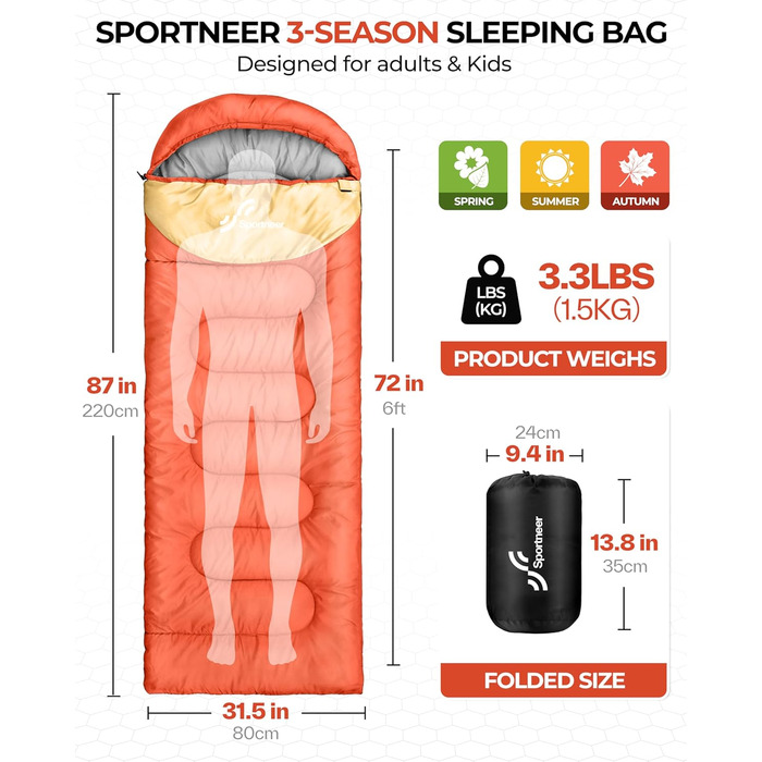 Сплячий мішок Sportneer для кемпінгу: 3-4 сезонний, легкий, компактний, для дорослих