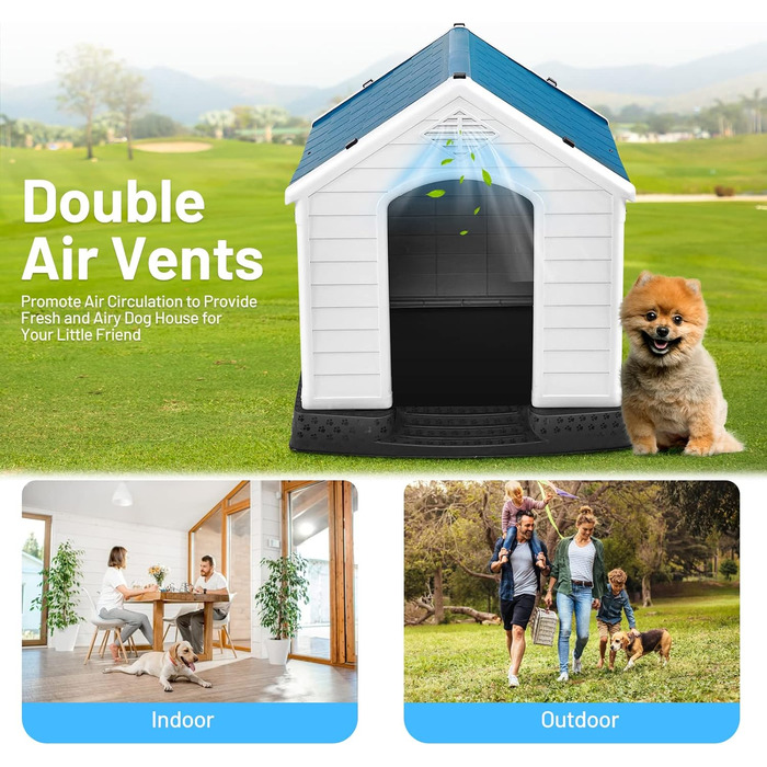 GYMAX Будка для собак на вулицю з похилим дахом та піднятим дном, пластикове собаче будиночок, вологостійка собача будка в стилі кантрі (Білий + Синій, 72,5 x 66 x 70,5 см)