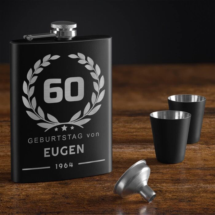 Набір флаконів Maverton: флакон 200 мл + 4 склянки 20 мл з воронкою, чорний матовий, з гравіюванням (лавровий вінок)