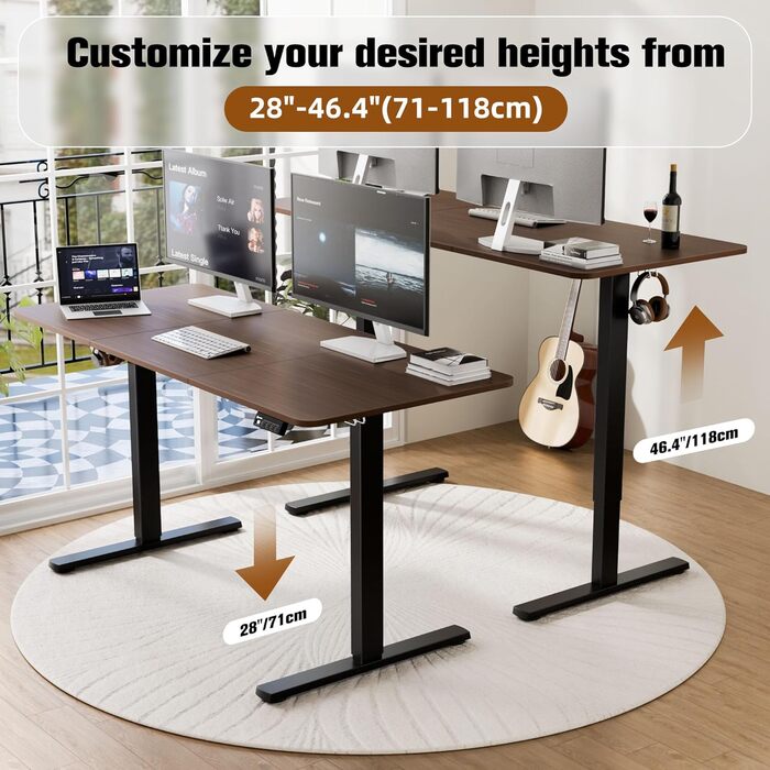 Ergonomaker Electric Height Adjustable Desk 80x60cm - Compact Standing Desk with 2-Section Tabletop, Adjustable Desk for Home Office (White Frame + Walnut Tabletop)