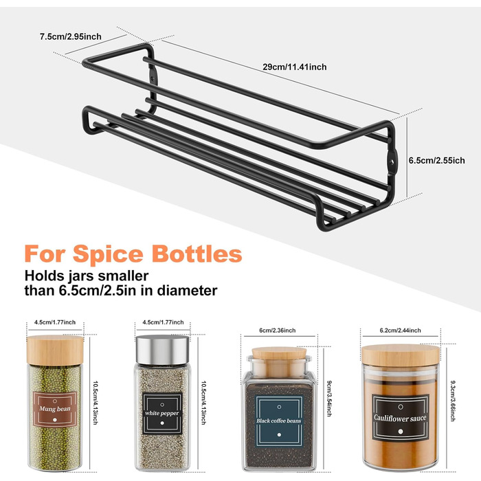 Настінна полиця для спецій, 2 шт. Організатор для спецій без свердління, металевий тримач для спецій з кріпленням на липучках та гвинтами, для кухонної шафи та комори