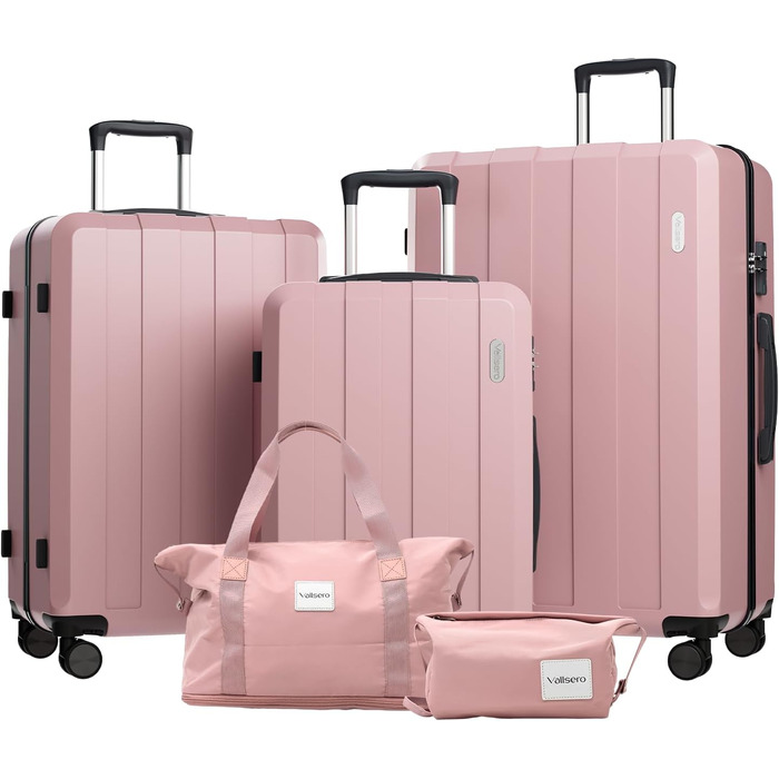 Набір валіз, багажний набір, роликові валізи, дорожній набір валіз 5шт, ABS пластик, TSA замок, містить 1 сумку та 1 косметичку, 4 колеса, телескопічна ручка з алюмінію (рожеве золото)