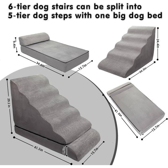 Сходи для собак LitaiL з 6 сходинок, сірі, для високих ліжок, 63.5–76.2 см висота, підходять для собак до 76.2 см