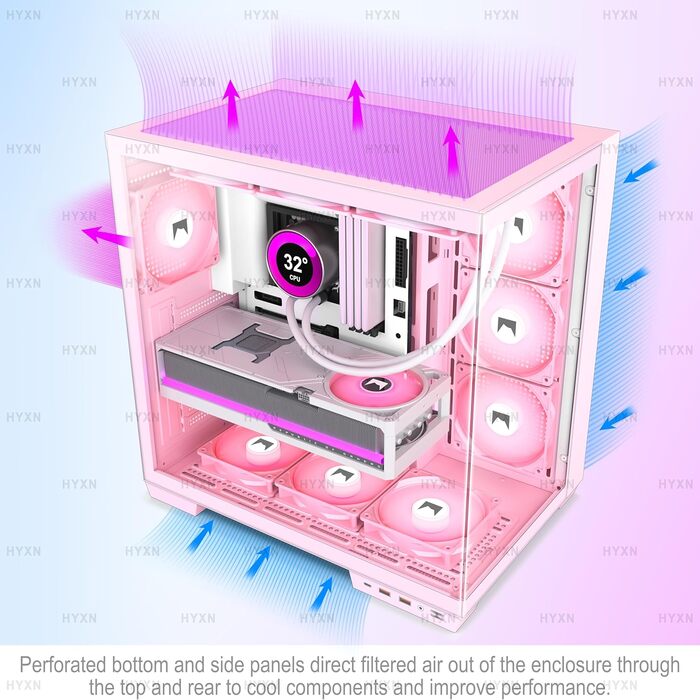 Корпус ПК ATX HYXN з 7 вентиляторами PWM ARGB, Mid Tower, Dual Chamber, Type-C, підтримка 3x360 мм кулерів (білий, рожевий)